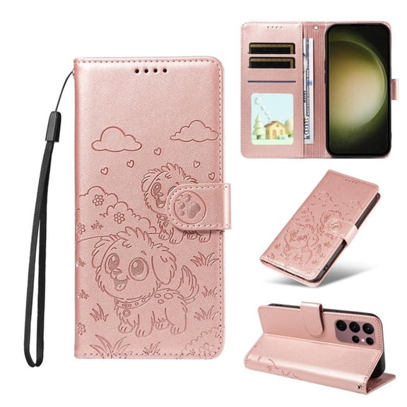 For Samsung Galaxy S23 Ultra 5G Litter Dog Embossing Leather Phone Case with RFID Blocking Card Slot Wallet Magnetic Clasp Lanyard Flip Stand Case,Pink,For Galaxy S23 Ultra 5G