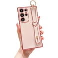 thumbnail image 1 of for Samsung Galaxy S23 Ultra 5g 6.8” with Cute Heart Wrist Strap Stand Luxury Plating Solid Color Camera Protection Cover for Women Soft Silicone Shockproof Bumper for S23 Ultra (Pink), 1 of 10