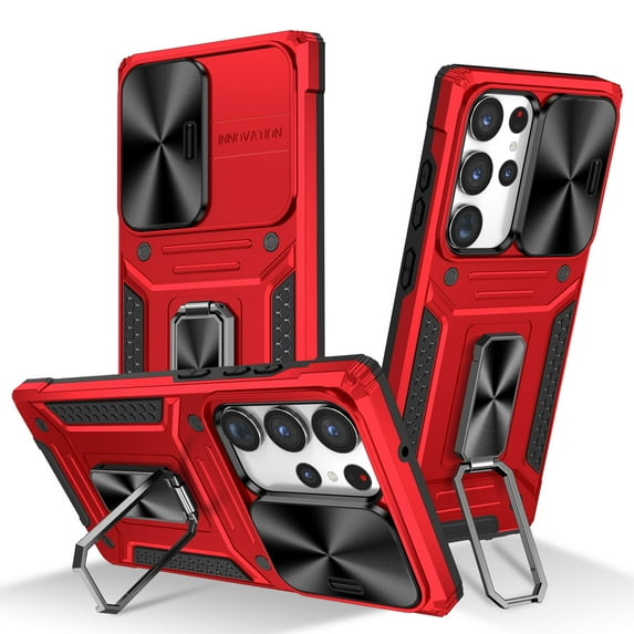 for Samsung Galaxy S23 Ultra Armor Case, Military-Grade Drop Protection, with Slide Camera Cover & Multi-angle Kickstand, Built-in 360° Rotating Magnetic Stand Rugged Case, Red