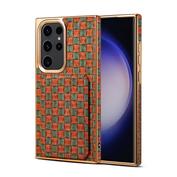 for Samsung Galaxy S23 Ultra Back Case, Luxury Ultra Slim Shockproof PU Leather Card Slot Kickstand Plating Soft Frame Pattern Case Cover for Samsung Galaxy S23 Ultra, Orange