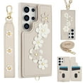 thumbnail image 1 of for Samsung Galaxy S23 Ultra Card Slots Back Case with Magnetic Snap Shoulder Strap & Wrist Strap Kickstand, 3D Flower Decoration for Girls Elegant Phone Cover for Samsung Galaxy S23 Ultra, White, 1 of 9