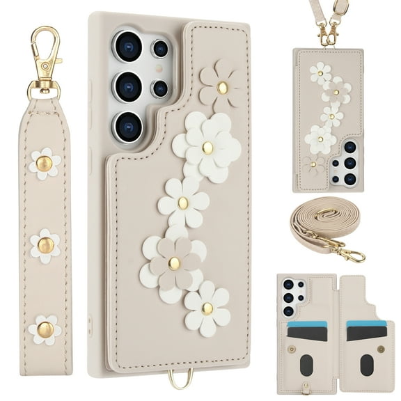 for Samsung Galaxy S23 Ultra Card Slots Back Case with Magnetic Snap Shoulder Strap & Wrist Strap Kickstand, 3D Flower Decoration for Girls Elegant Phone Cover for Samsung Galaxy S23 Ultra, White