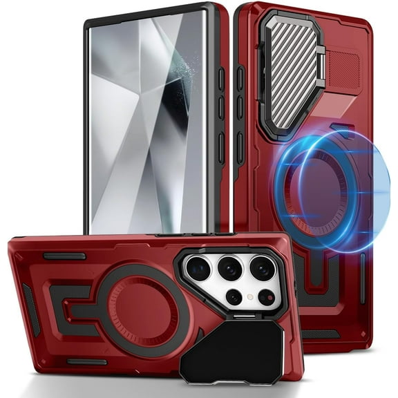 for Samsung Galaxy S23 Ultra Case with Camera Lens Protection Cover & Kickstand, Compatible with Magsafe, Military-Grade Shockproof Rugged Hard Back Phone Case for Galaxy S23 Ultra (Red)
