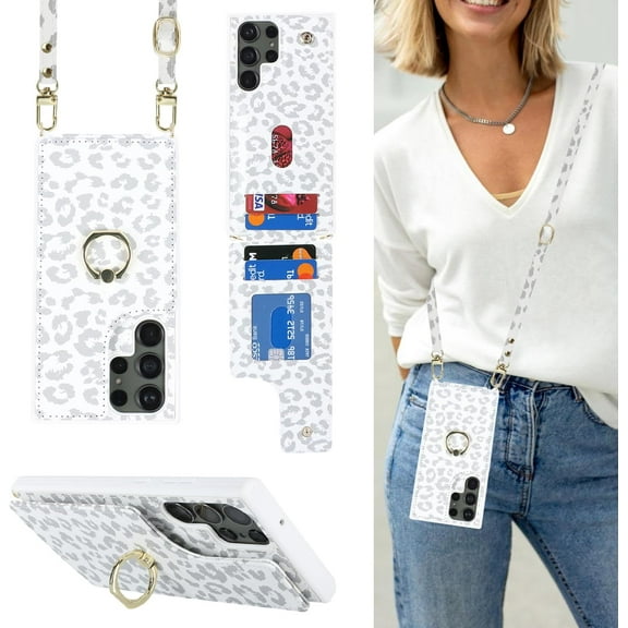 for Samsung Galaxy S23 Ultra Case with Card Holder and Strap for Women,Crossbody Lanyard,Ring Stand,Snap Clasp,Cute Phone Wallet Cases 6.8 inch(White Leopard)