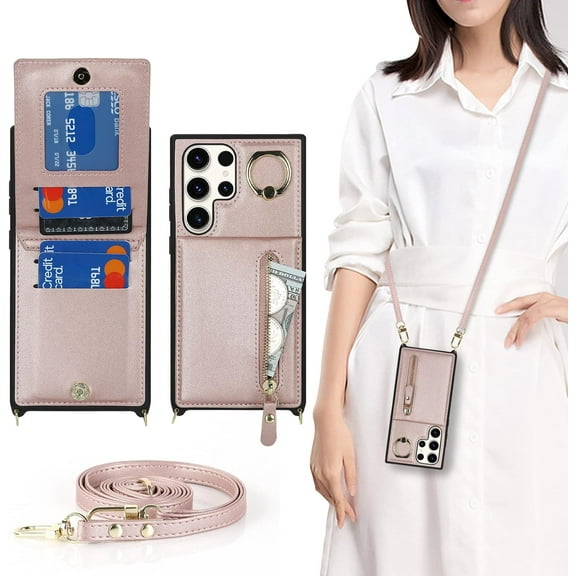 Samsung Galaxy S23 Ultra Case with Card Holder for Women, Galaxy S23 Ultra Phone Case Wallet with Strap Credit Card Slots Crossbody with Zipper Shockproof Case for S23Ultra - Rose Gold