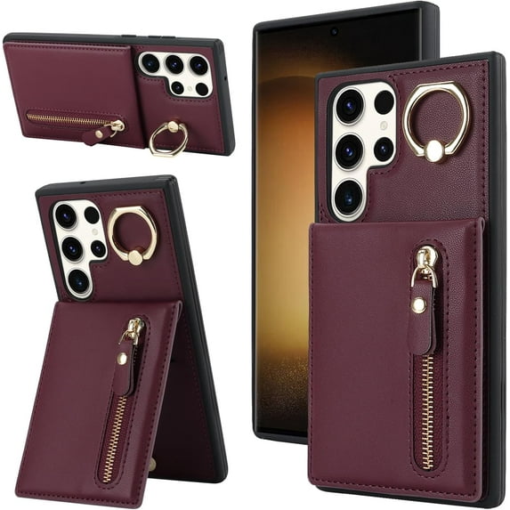 Samsung Galaxy S23 Ultra Case with Card Holder for Women, Samsung Galaxy S23 Ultra Phone Case Wallet with Credit Card with Ring Kickstand Zipper Shockproof Slim Stand Case - Red Wine