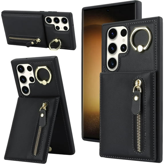 Samsung Galaxy S23 Ultra Case with Card Holder for Women, Samsung Galaxy S23 Ultra Phone Case Wallet with Credit Card with Ring Kickstand Zipper Shockproof Slim Stand Case - Black