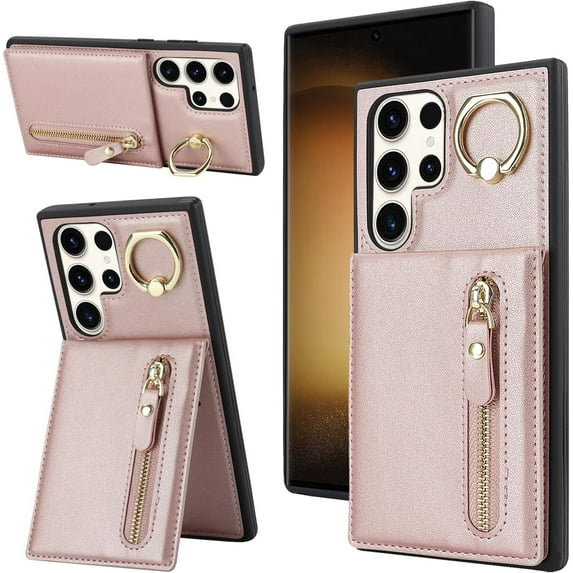 Samsung Galaxy S23 Ultra Case with Card Holder for Women, Samsung Galaxy S23 Ultra Phone Case Wallet with Credit Card with Ring Kickstand Zipper Shockproof Slim Stand Case - Rose Gold