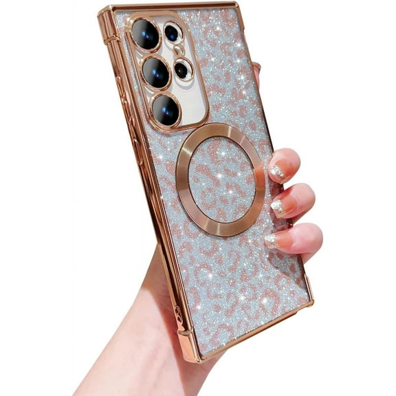 for Samsung Galaxy S23 Ultra Case Compatible with MagSafe Cute Leopard Glitter Magnetic Phone Case Luxury Plating Clear Camera Lens Cover Shockproof Soft S23 Ultra Case 6.8" for Women (Gold)