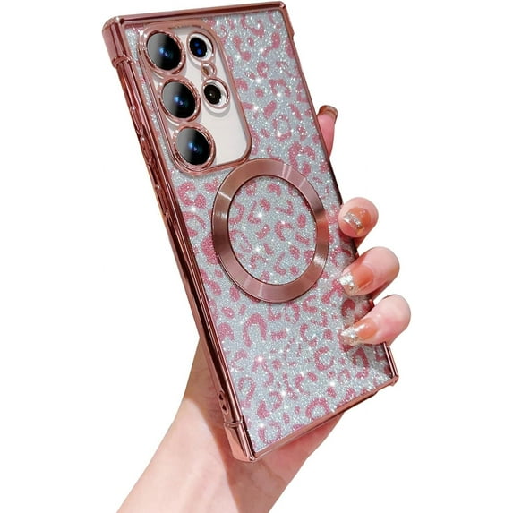 for Samsung Galaxy S23 Ultra Case Compatible with MagSafe Cute Leopard Glitter Magnetic Phone Case Luxury Plating Clear Camera Lens Cover Shockproof Soft S23 Ultra Case 6.8" for Women (Pink)