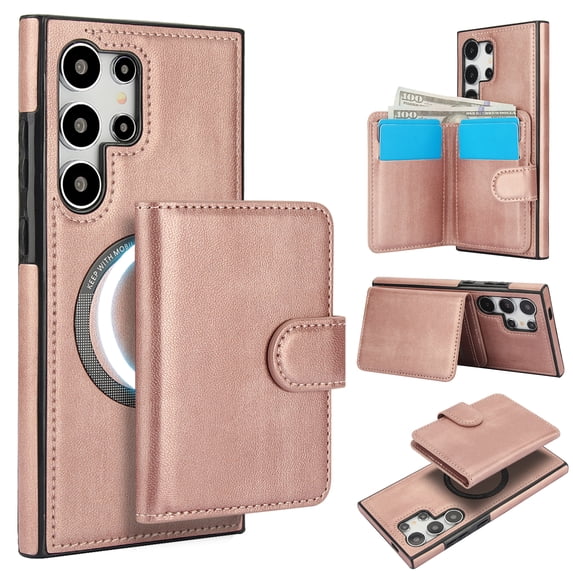 for Samsung Galaxy S23 Ultra Case, Compatible with MagSafe, Detachable Magnetic Wallet Case with PU Leather Kickstand Card Slots Shockproof Protection 2 In 1 Function Case for S23 Ultra, Rosegold