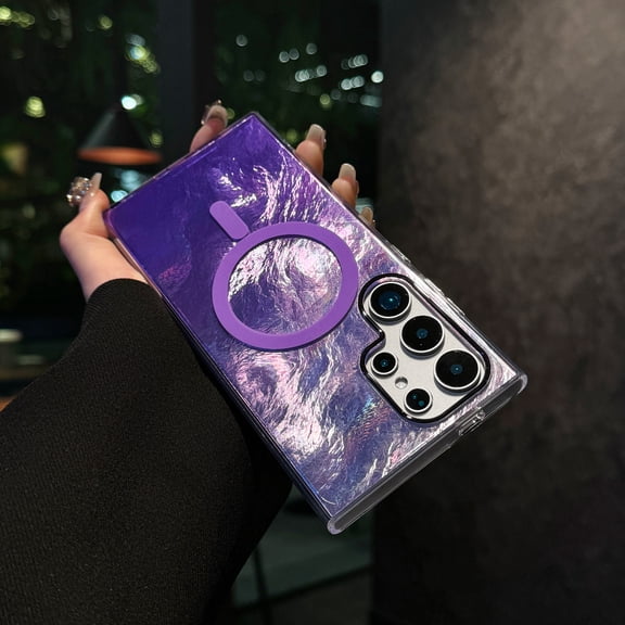 For Samsung Galaxy S23 Ultra Case - Compatible with Magsafe Aesthetic Cute Holographic Ripple Samsung Galaxy S23 Ultra Case with Bling Laser Sparkly Slim Cover for Women Girls, Purple