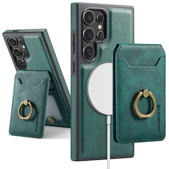For Samsung Galaxy S23 Ultra Case with Credit Card Holder,Ring Holder,Phone PU Leather Case Wallet for Women Men Magnetic Detachable 2-in-1 Wallet Card,Shockproof Rugged Phone Case,Green