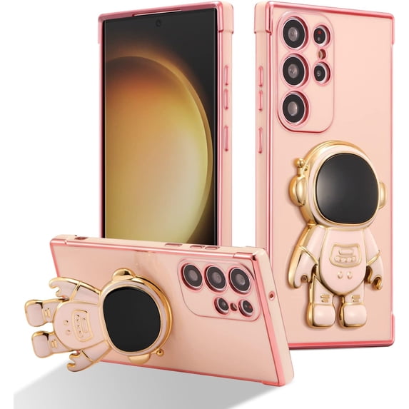 for Samsung Galaxy S23 Ultra Case Cute 6D Astronaut Case with Stand Function Luxury Plating Case Cover Slim Fit Soft TPU Shockproof Bumper Protective Electroplated Case for Girls Boys,Pink