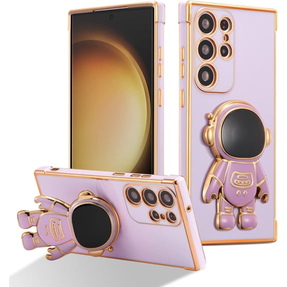 for Samsung Galaxy S23 Ultra Case Cute 6D Astronaut Case with Stand Function Luxury Plating Case Cover Slim Fit Soft TPU Shockproof Bumper Protective Electroplated Case for Girls Boys,Purple