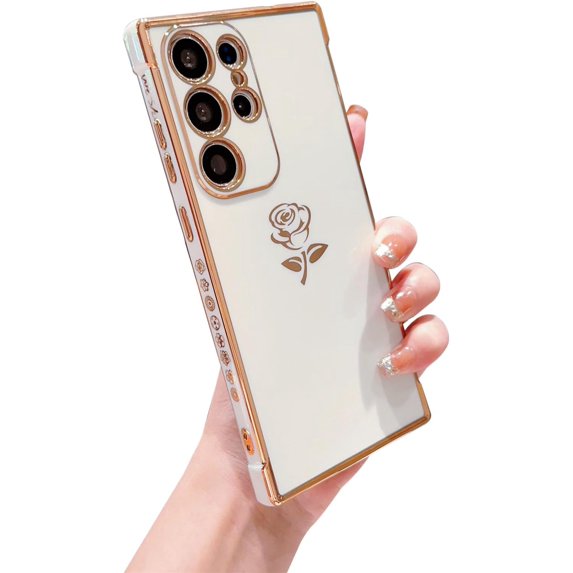 for Samsung Galaxy S23 Ultra Case Cute Rose Flower Phone Case for Women Girls Luxury Plating Full Camera Lens Cover Protection Shockproof S23 Ultra Case 6.8" Soft Silicone Bumper (White)