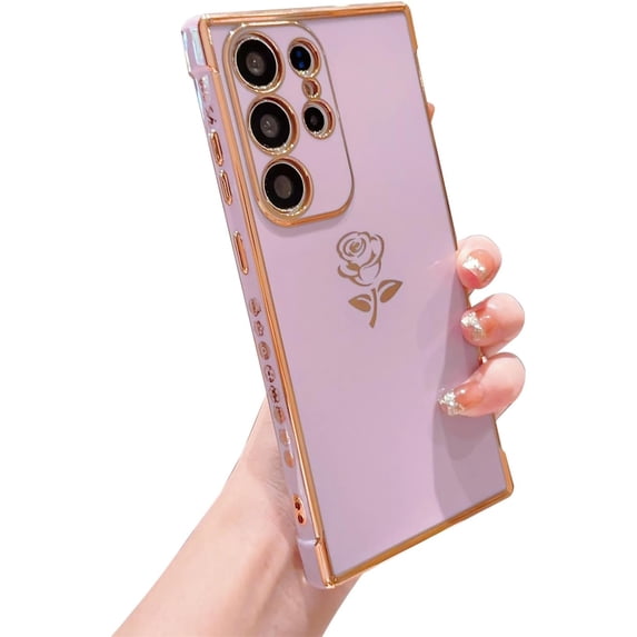 for Samsung Galaxy S23 Ultra Case Cute Rose Flower Phone Case for Women Girls Luxury Plating Full Camera Lens Cover Protection Shockproof S23 Ultra Case 6.8" Soft Silicone Bumper (Purple)