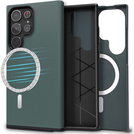 Samsung Galaxy S23 Ultra Case, Double Layer Rugged Protective Cover with Magnetic MagSafe Compatible, Anti-Slip, Green