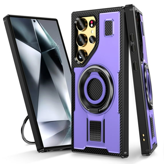 for Samsung Galaxy S23 Ultra Case, Dual Layers Shockproof Kickstand Cell Phone Cover Protective with Rugged Ring Holder, Carbon Fiber Military Heavy Duty Case for Samsung Galaxy S23 Ultra, Purple