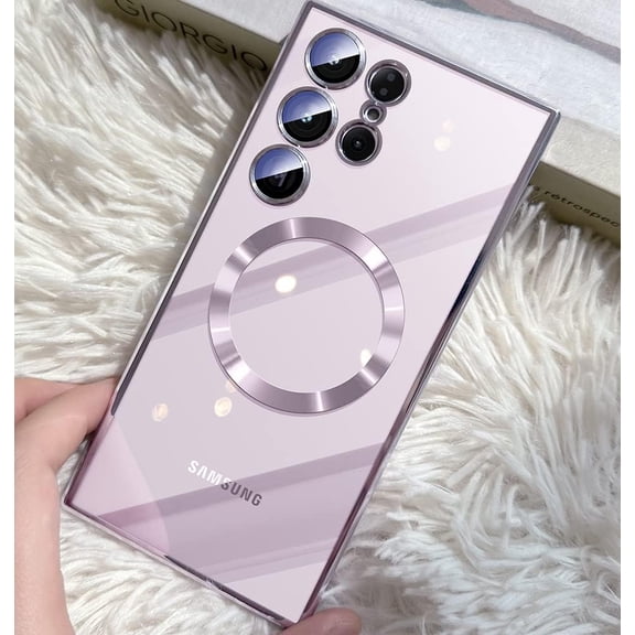 for Samsung Galaxy S23 Ultra Case, [Full Camera Cover Protection] [Compatible with MagSafe] Magnetic Metallic Glossy Clear Luxury Soft Case for Galaxy S23 Ultra 5G 6.8 inch -Lavender Purple