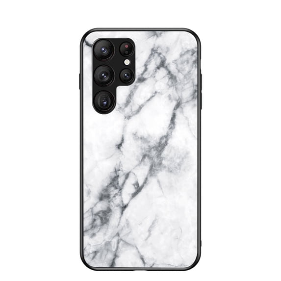 for Samsung Galaxy S23 Ultra Case, Hybrid Tempered Glass Protective Marble Pattern Glossy Design Slim Rugged Shockproof Women Girls Men Protective Anti-Scratch Wireless Charging Cover,White