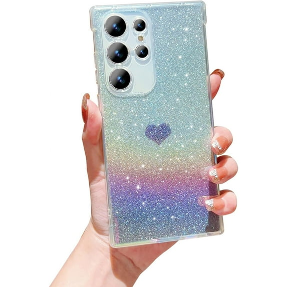 for Samsung Galaxy S23 Ultra Case, Iridescent Holographic Gradient Bling Glitter Clear Phone Case with Camera Lens Cover Soft Shockproof Cute Heart S23 Ultra Case for Women Girls 6.8" (Purple Heart)