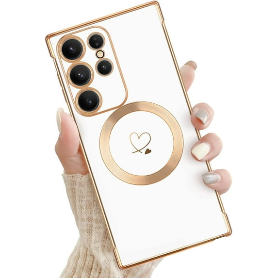 for Samsung Galaxy S23 Ultra Case, Luxury Cute Love Heart Pattern Plating Edge Case with MagSafe for Women Girls Soft TPU Shockproof Protective Case Cover for Samsung Galaxy S23 Ultra-White