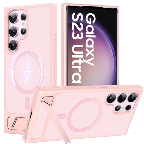 for Samsung Galaxy S23 Ultra Case Magnetic, [Compatible with MagSafe][Built-in Invisible Stand ], Military Grade Drop Protection Translucent Slim Case for Galaxy S23 Ultra 5G,Pink