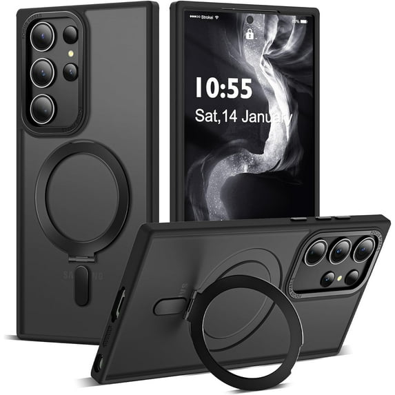 for Samsung Galaxy S23 Ultra Case with Magnetic Invisible Ring Stand, Compatible with MagSafe, Drop Protection Translucent Matte S23 Ultra Phone Case for Men and Women, Black