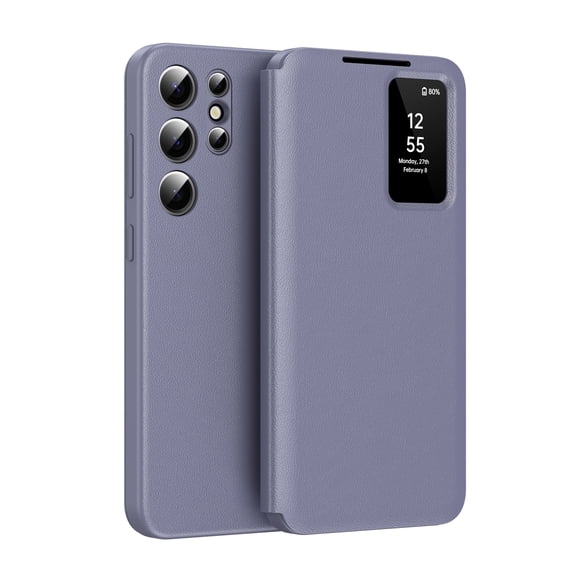 For Samsung Galaxy S23 Ultra Case PU Leather Flip Case,With Intelligent Window,With Card Holder,Anti-fall Rugged Shockproof Protective Phone Case Cover for Samsung Galaxy S23 Ultra,Purple
