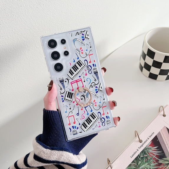 for Samsung Galaxy S23 Ultra Case with Ring Kickstand Holder, Luxury Clear Soft TPU Pattern Shockproof Drop Protective Lightweight Ultra Slim Phone Case Cover for S23 Ultra, Music Print