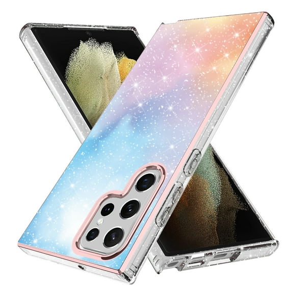 Samsung Galaxy S23 Ultra Case, Rosebono Bling Glitter Sparkle Laser Blue Pink Ultra Transparent Skin Cover Shockproof Case for Samsung Galaxy S23 Ultra