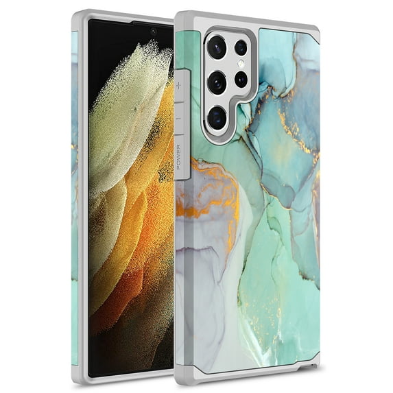Samsung Galaxy S23 Ultra Case, Rosebono Slim Hybrid Shockproof Hard Cover Graphic Fashion Colorful Skin Cover Armor Case for Samsung Galaxy S23 Ultra (Green Marble)