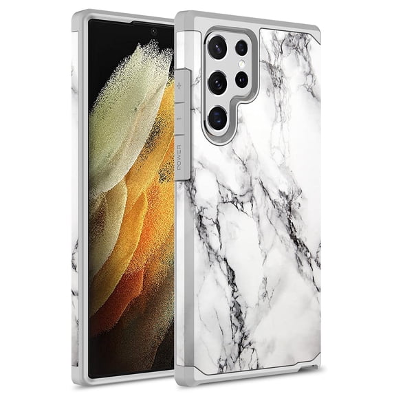 Samsung Galaxy S23 Ultra Case, Rosebono Slim Hybrid Shockproof Hard Cover Graphic Fashion Colorful Skin Cover Armor Case for Samsung Galaxy S23 Ultra (White Marble)