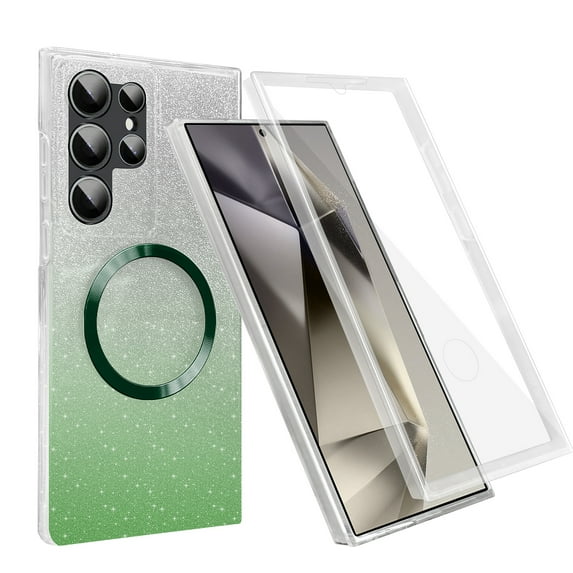 For Samsung Galaxy S23 Ultra Case with Screen Protector, Gradient Glitter Color Design Magnetic Back Cover Compatible with Magsafe & Car Mount Shockproof Phone Case for Samsung Galaxy S23 Ultra,Green