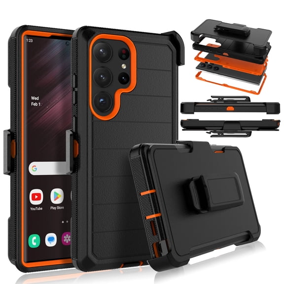 For Samsung Galaxy S23 Ultra Case,Takfox Holster Phone Case with Built-in Screen Protector Swivel Belt Clip [3 Layers] Heavy Duty Full Body Protection Shockproof Kickstand Cover-Black/Orange
