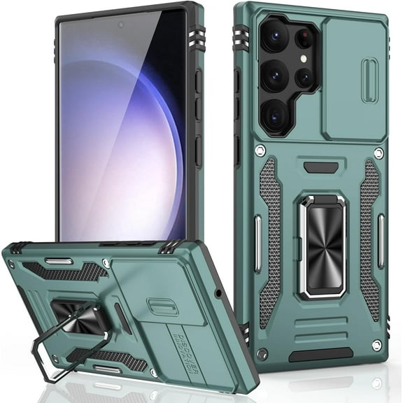 for Samsung Galaxy S23 Ultra Case with Upgraded Sliding Camera Lens Cover and Strong Magnetic Kickstand - Military-Grade Shockproof Protective Phone Case 6.8" for Men Women Girls - Pine Green