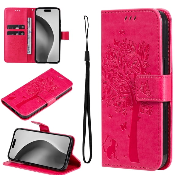 for Samsung Galaxy S23 Ultra Case Wallet Case with Kickstand Credit Card Holder Slots Cute Cat Butterfly & Tree Embossed Premium PU Leather Protective Phone Case with Wrist Strap,Rose