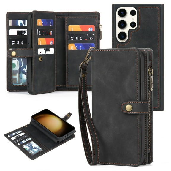 for Samsung Galaxy S23 Ultra Case, Wallet Case for Women Men, Durable PU Leather Magnetic Flip Lanyard Strap Wristlet Zipper Card Holder Wallet Phone Cases for Samsung Galaxy S23 Ultra, Black