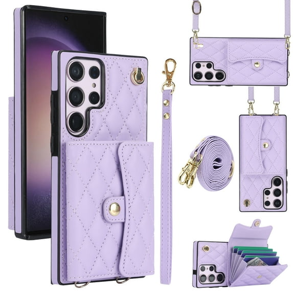 for Samsung Galaxy S23 Ultra Case, Wallet Phone PU Leather Case with Card Holder Crossbody Cover for Women Girls Strap Wristlet RFID Blocking Shockproof Protective Cover for Samsung S23 Ultra, Violet