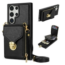 for Samsung Galaxy S23 Ultra Case Wallet with Shoulder Strap for Women - Crossbody Lanyard,Zipper Pocket,Credit Card Holder,Shockproof - Metal Buckle Closure Premium PU Leather Case, Black