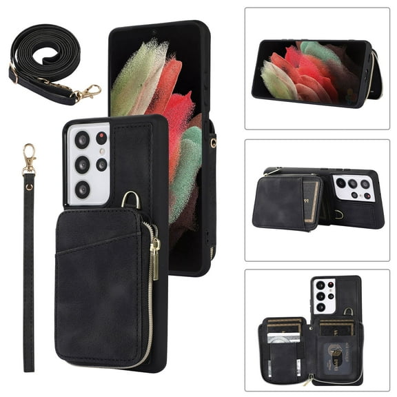 for Samsung Galaxy S23 Ultra Case Wallet, Zipper Phone Case Purse with RFID Card Holder Wrist Crossbody Strap Handbag Present Cover for Samsung S23 Ultra 6.8 inch (5G, 2023) - Black