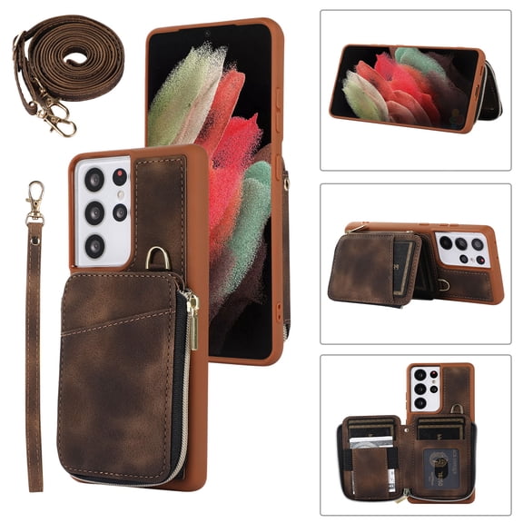 for Samsung Galaxy S23 Ultra Case Wallet, Zipper Phone Case Purse with RFID Card Holder Wrist Crossbody Strap Handbag Present Cover for Samsung S23 Ultra 6.8 inch (5G, 2023) - Brown