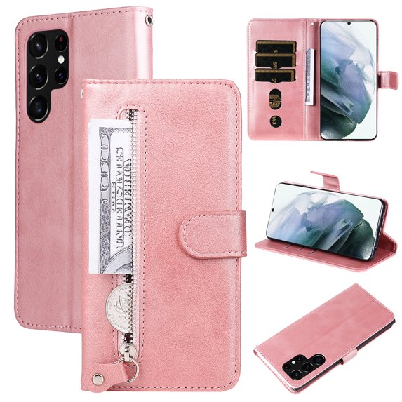 for Samsung Galaxy Galaxy S23 Ultra Case, Zipper Wallet Credit Cards Slot Slide Pocket Holder Flip Magnetic Closure Stand Premium PU Leather Case for Samsung Galaxy S23 Ultra, Rosegold
