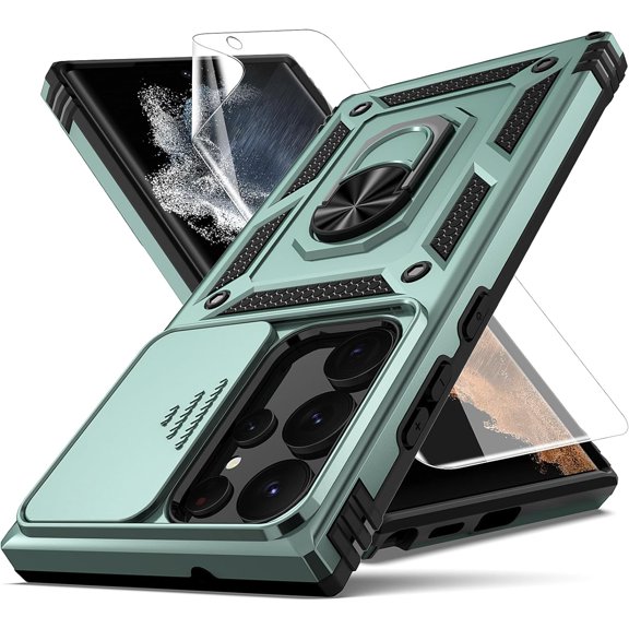 for Samsung Galaxy S23 Ultra Case,with Camera Lens Cover HD Screen Protector,[Military Grade] Ring Car Mount Kickstand Hybrid Hard PC Soft TPU Shockproof Protective Case for S23 Ultra, Green