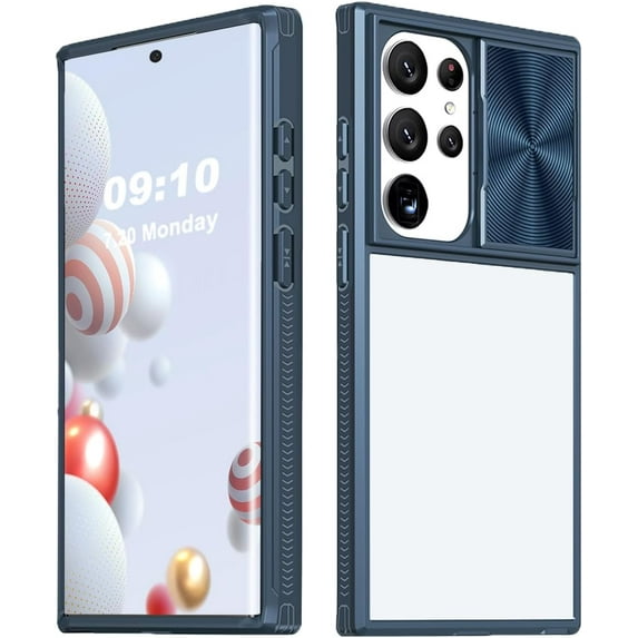 for Samsung Galaxy S23 Ultra Clear Case with Sliding Camera Lens Cover, Bumper Corner Hard Back Soft Frame Slim Transparent Crystal Acrylic Anti Yellow Back (Dark Blue)