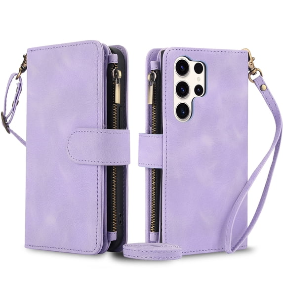for Samsung Galaxy S23 Ultra Crossbody Case Wallet with Card Slots - PU Leather Case RFID Blocking Zipper Pocket Lanyard Wrist Strap Shockproof Protective Phone Cover for Galaxy S23 Ultra, Purple