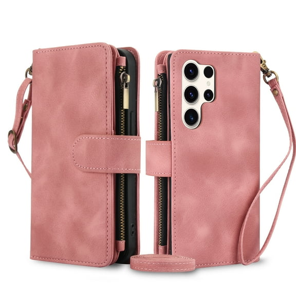 for Samsung Galaxy S23 Ultra Crossbody Case Wallet with Card Slots - PU Leather Case RFID Blocking Zipper Pocket Lanyard Wrist Strap Shockproof Protective Phone Cover for Galaxy S23 Ultra, Rosegold