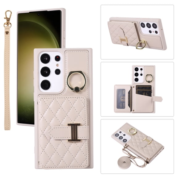 for Samsung Galaxy S23 Ultra Detachable Shoulder Strap Wallet Case, with Card Slots & 360-degree Rotation Stand Ring Flip Premium PU Leather Protective Cover Lanyard for Women Girls, Beige