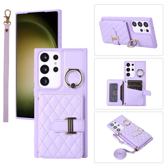 for Samsung Galaxy S23 Ultra Detachable Shoulder Strap Wallet Case, with Card Slots & 360-degree Rotation Stand Ring Flip Premium PU Leather Protective Cover Lanyard for Women Girls, Purple